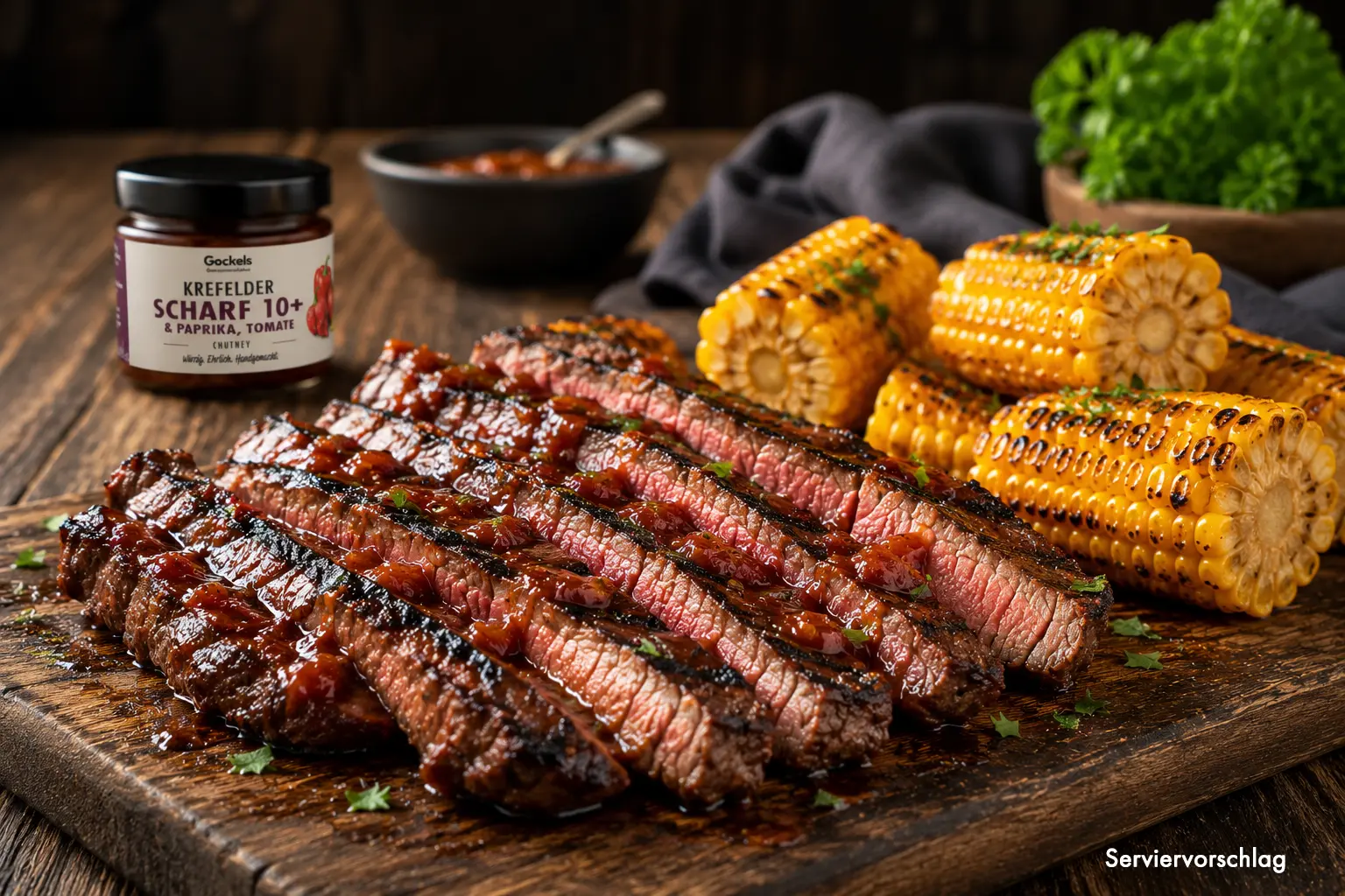 BBQ-Flanksteak mit Scharf 10+ Glaze & Grillmais